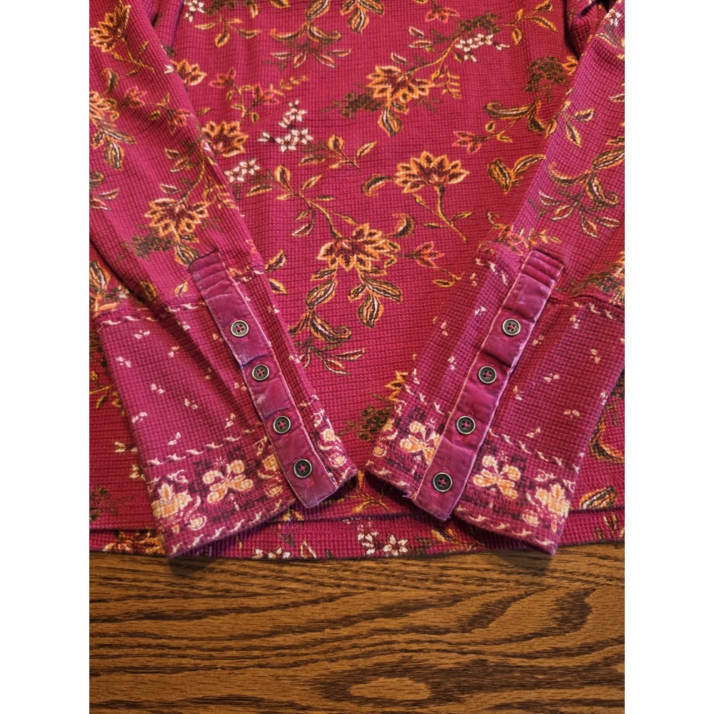 Sundance Loretta Thermal Tee Womens XS Waffle Knit Top Floral Velvet Cuff Pink - Picture 4 of 6